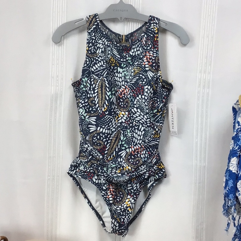 🔹Jantzen ‘Azure’ Tummy Control Ruched Hips High Neckline Open Sheer Back Sz.4